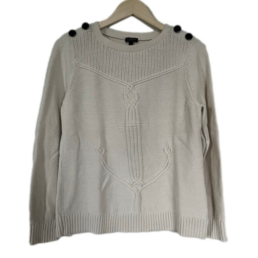 Talbots Petite Beige Crew Neck Sweater with Black Buttons Anchor Detail